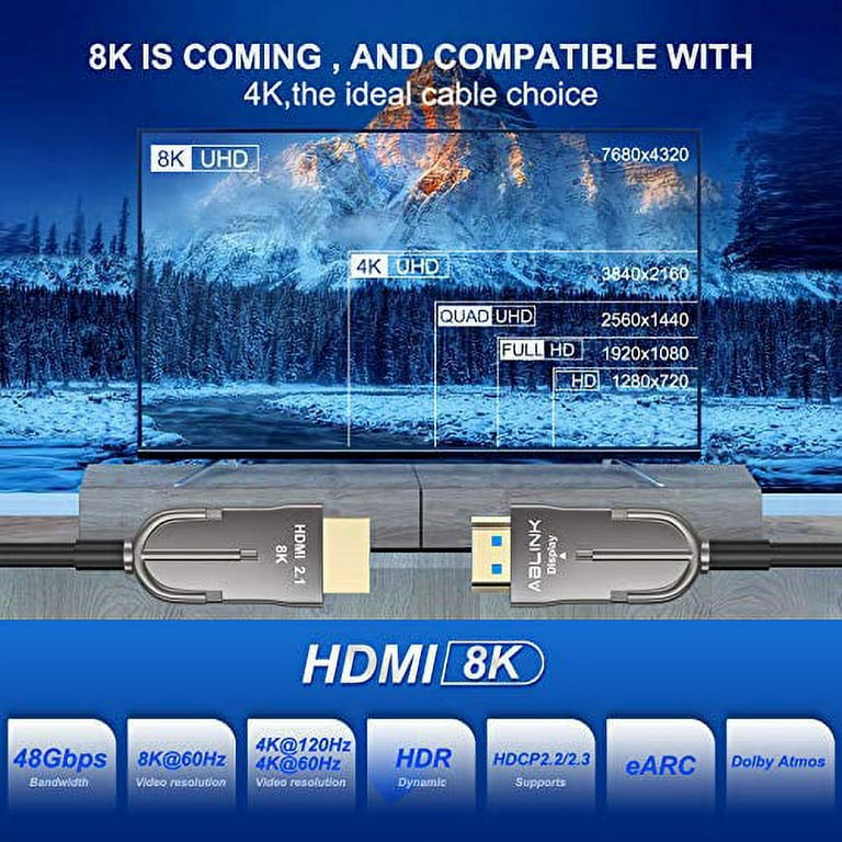 8K Hdmi Cable 75 ft, Fiber Optic hdmi 2.1 Cable 48Gbps Ultra High,Support  8K60Hz, 4K 120Hz, Dynamic HDR 10, eARC Compatible with PS5 PS4 Xbox Apple  TV S , in Wall CL3