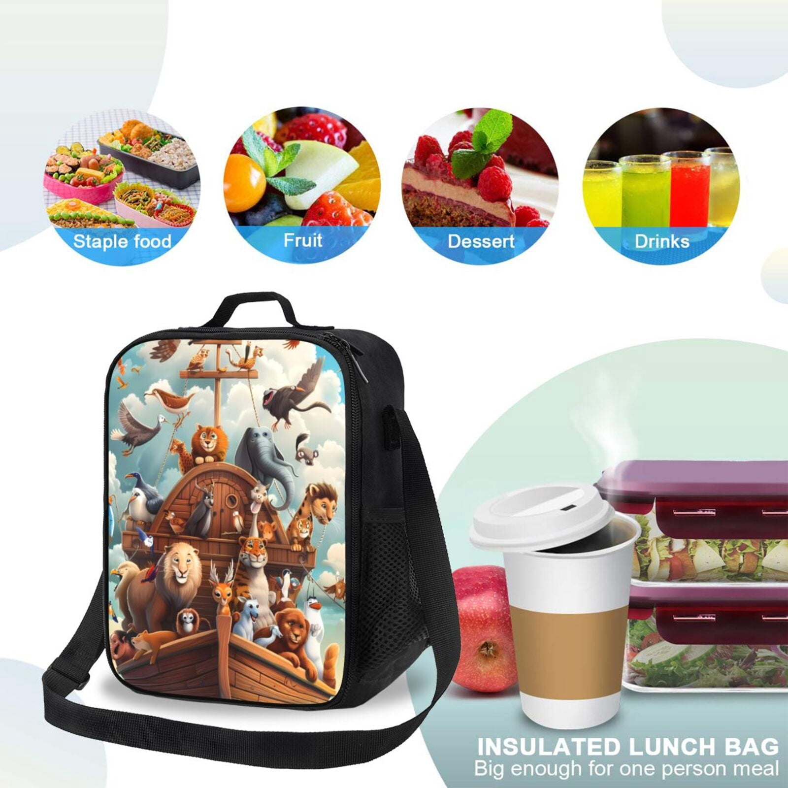 Rateoe Animal Filled Noahs Ark Lunch Bag Reusable Lunch Box with Shoulder Straps for Men Women Insulated Portable Lunchbox for adults Suitable for School Work Picnic