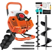 52cc 2 Stroke Auger Post Hole Digger with 4" 6" 10" Drill Bits and 3 Extension Bars 8" 12" 20", 2.4hp 1.5KW Gas Powered Earth Auger