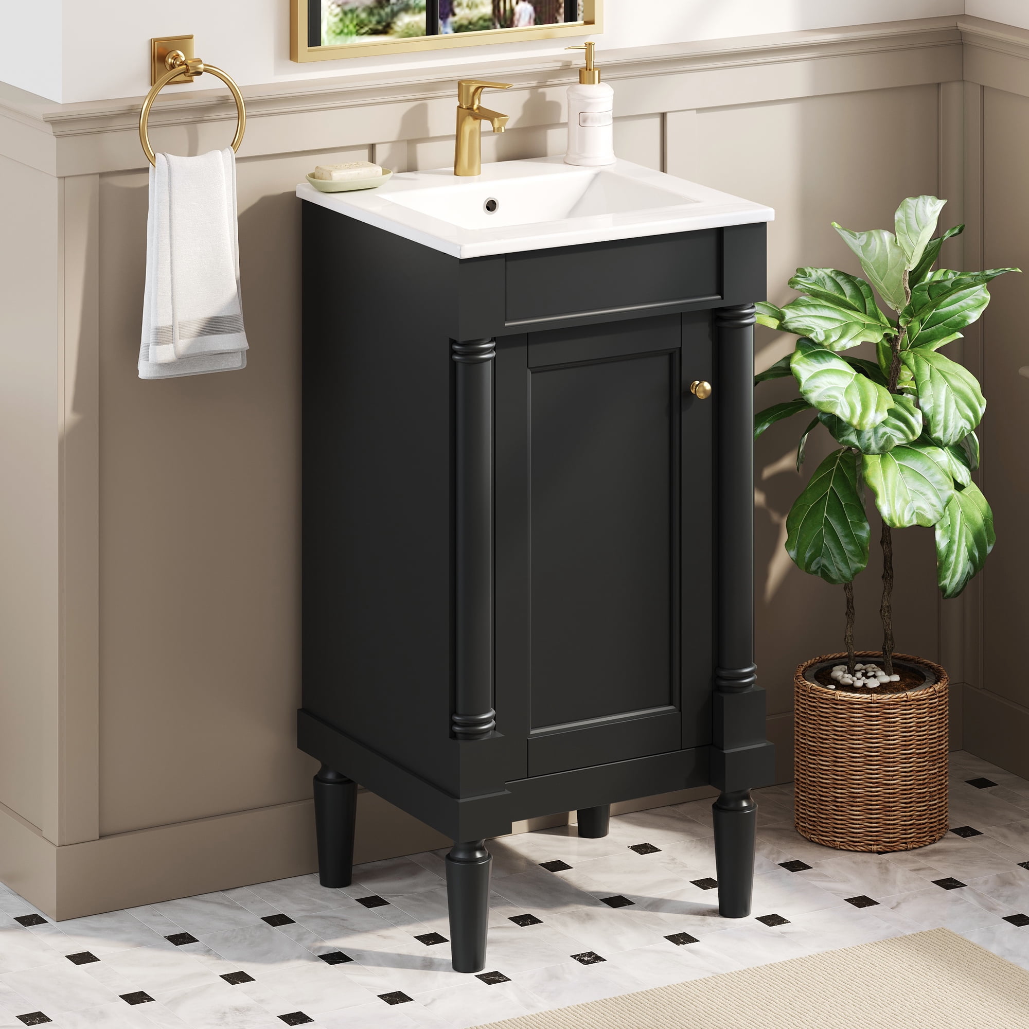 Euroco 18" French Style Bathroom Cabinet with Storage, Small Space Solution with Ceramic Sink, Adjustable Shelf, Soft-Closing Hinges