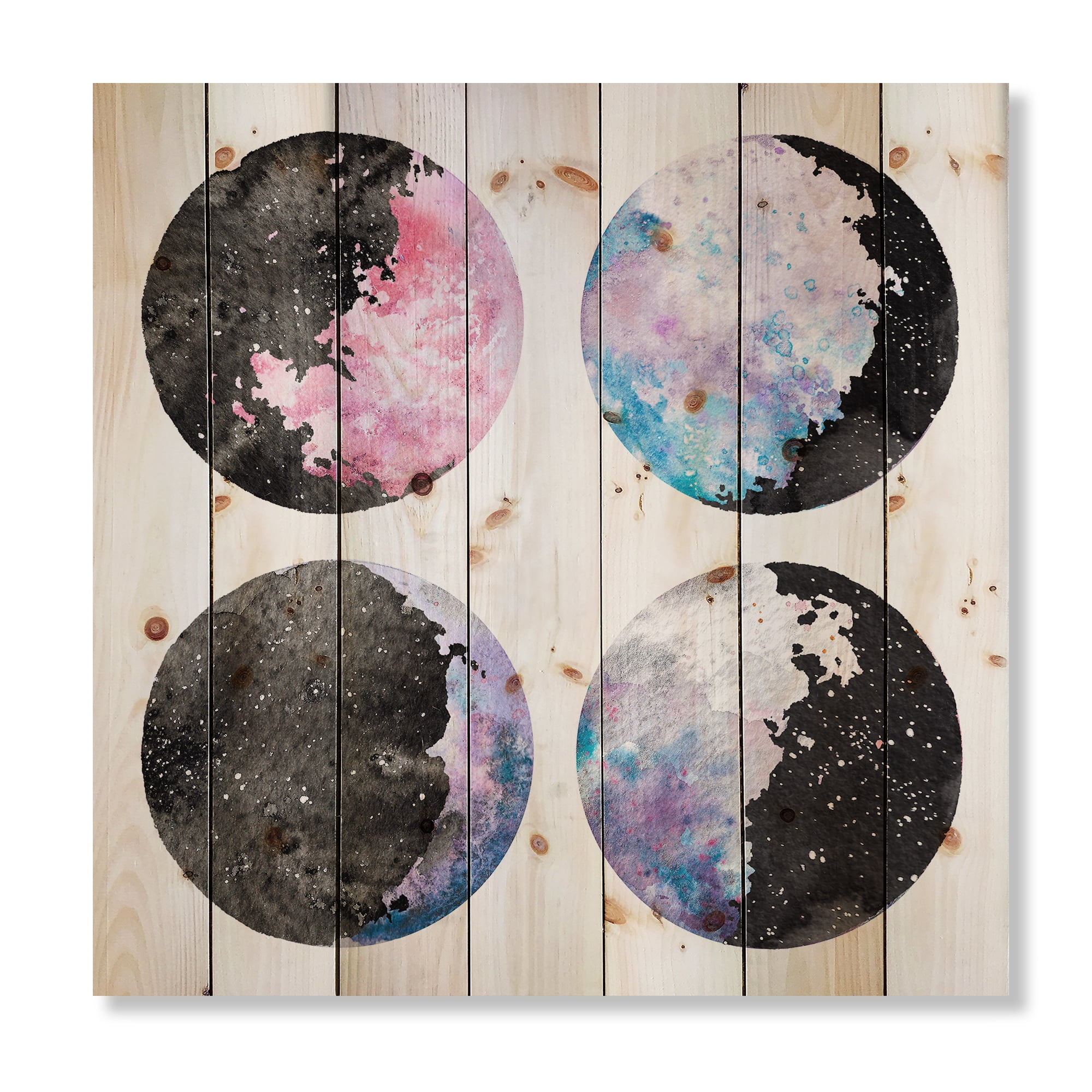 Designart 'Moon Phases With Sky and Stars' Bohemian & Eclectic Print on Natural Pine Wood