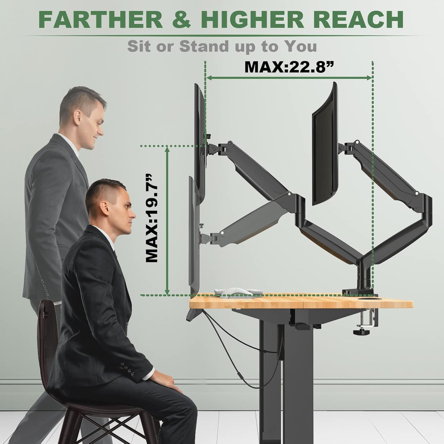 Dual Monitor Mount for Two Ultrawide 22-35 Inch Screens, Fully Adjustable Gas Spring Double Arm Stand with VESA 75x75/100x100mm, Holds 26.5lbs Each, Clamp & Bolt Mount