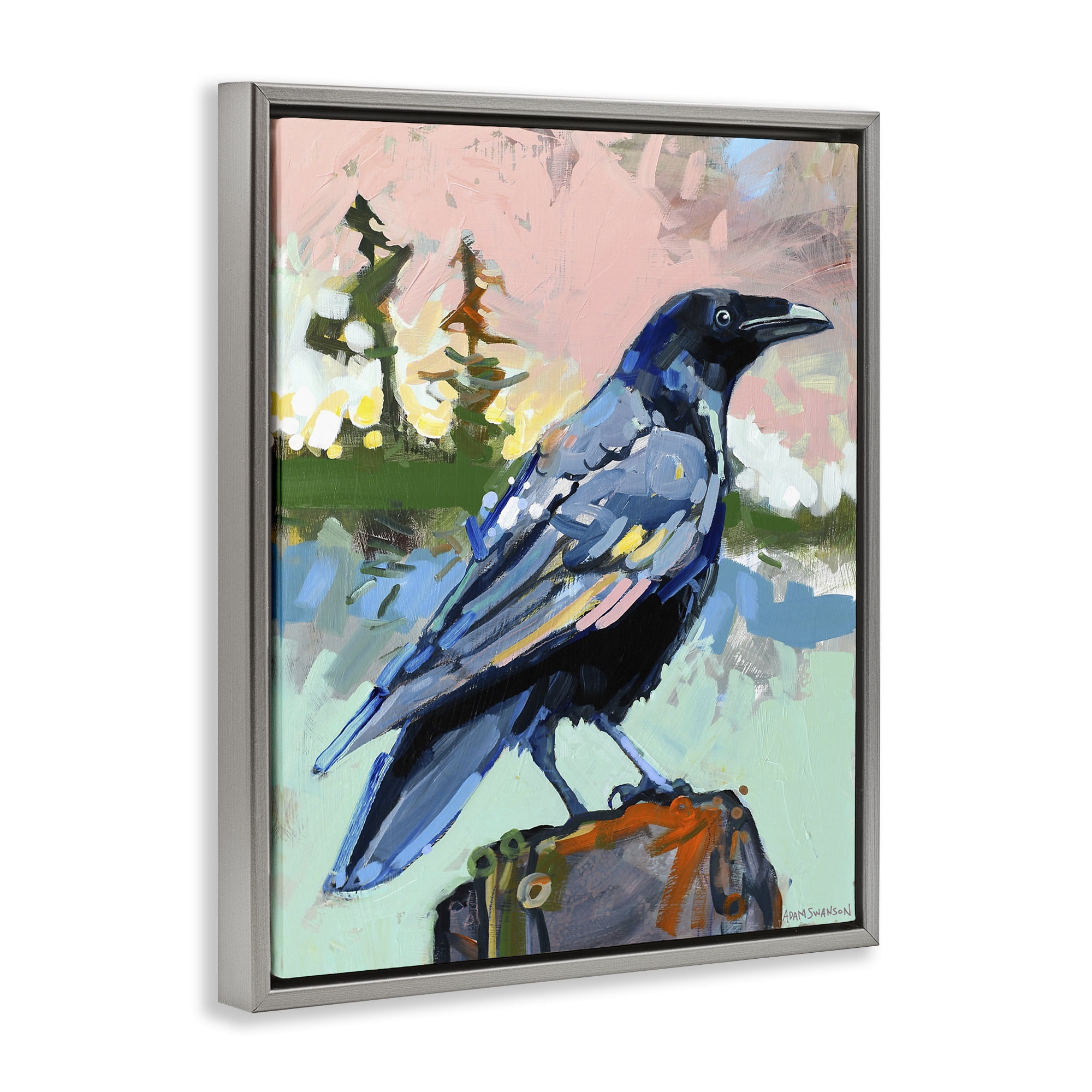 Stupell Industries Modern Crow Portrait Birds Painting Gray Floater Framed Canvas Art Print Wall Art, 17 x 21