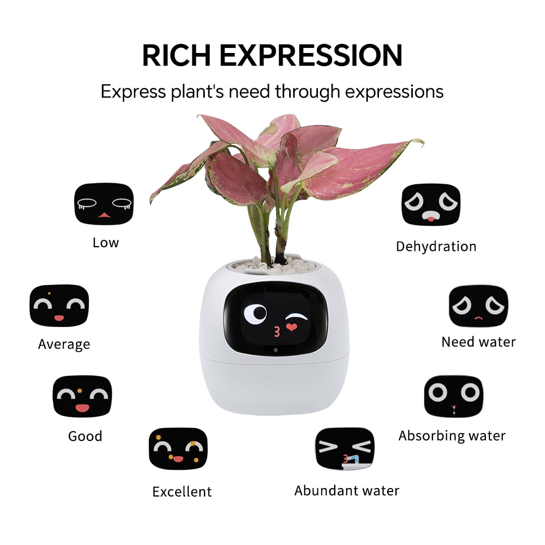 ITIGOITIE Smart Flowerpots, with Artificial Intelligence, Time Temperature Display, Multiple expressions, for Indoor Decoration, Gifts(White)