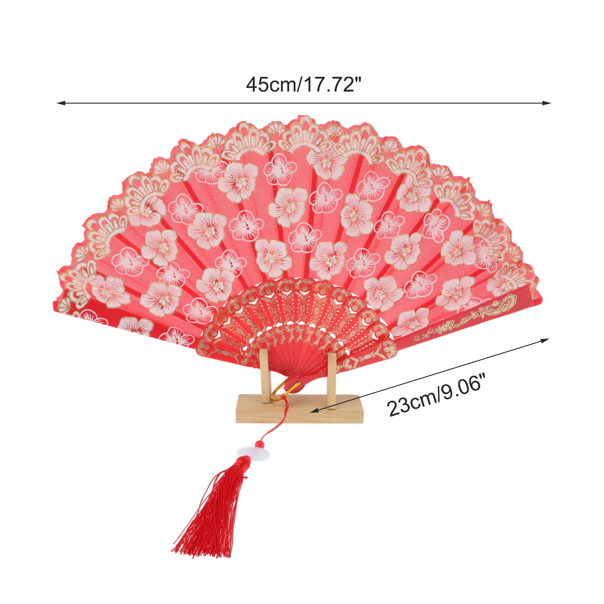 Unique Bargains Elegant Cherry Blossom With Tassel Folding Fan 1 Pc Red
