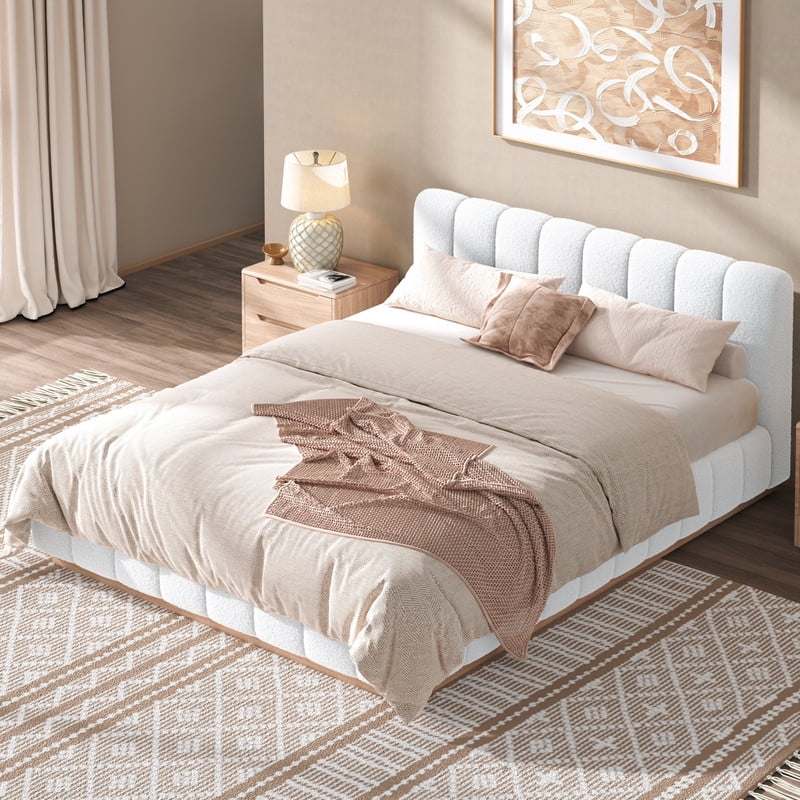 Queen Size Boucle Upholstered Bed Frame, Low Profile Wooden Platform Bed, No Box Spring Needed Floor Bed with Padded Headboard