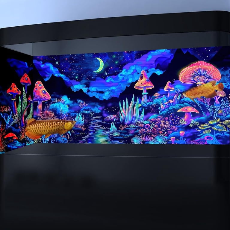 black light fish tank accessories Blacklight Mushroom Flower Black Light Aquarium Background, UV Fish Tank Background Moonlight Mountain Forest Landscape Terrarium Background with 10