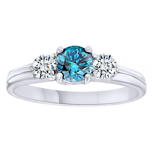 AFFY Round Cut Blue & White Natural Diamond Three Stone Engagement Ring In 14K Solid White Gold