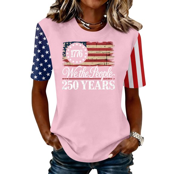 Iaqnaocc We The People 4th Of July Womens Tops Summer Shirt Round Neck Vintage T Shirt Patriotic 250 anniversary usa flag Festival Short Sleeve T Shirts for Women Pink L