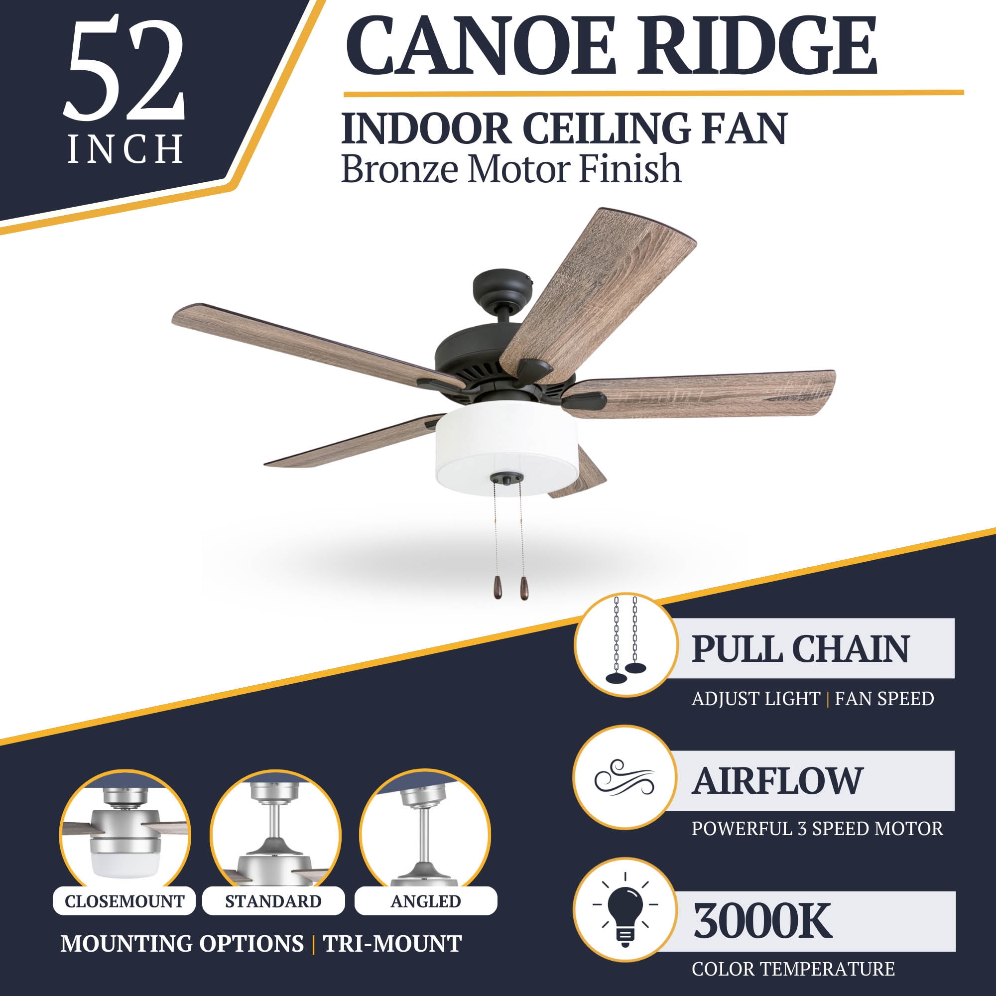Prominence Home Canoe Ridge 52" Bronze Farmhouse Ceiling Fan with 5 Blades, Linen Drum Shade, Pull Chains & Reverse Airflow