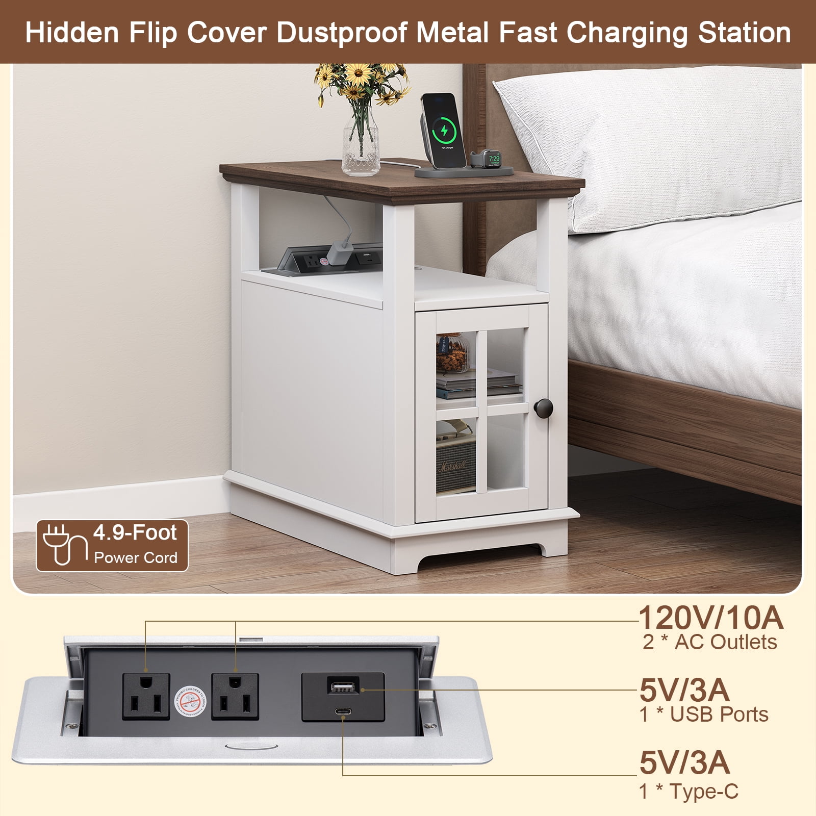 FAGAGA End Tables with Charging Station for Living Room, Wooden Nightstand for Bedroom, White