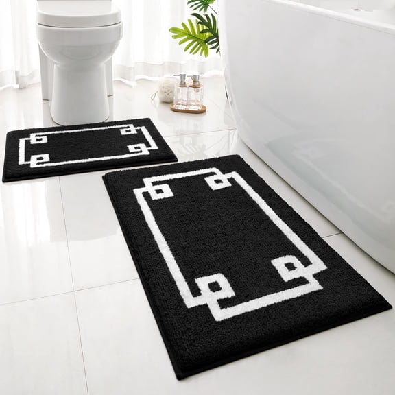 Bathroom Rugs Sets 2 Piece, Soft and Water Absorbent Microfiber Carpet, Non-Slip Washable Bath Mats (20"x32" 16"x24", Black and White)