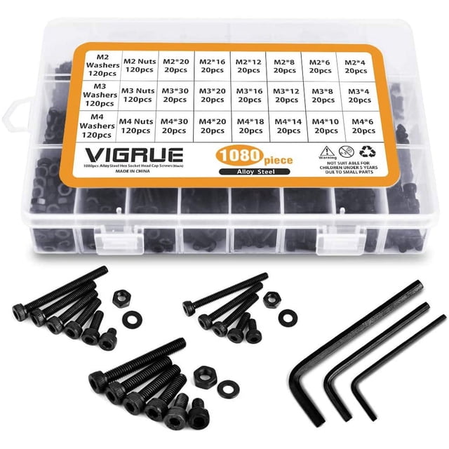 Kit de 1080 tornillos de cabeza hueca hexagonal de acero al carbono M2 M3 M4 con surtido de tuercas (negro)