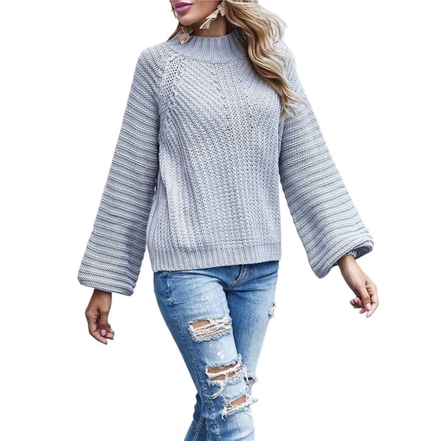 Suéteres de Cuello Alto para Mujer, Suéteres Casuales de Larga, Suéteres Sueltos de Punto Grueso. Gris M