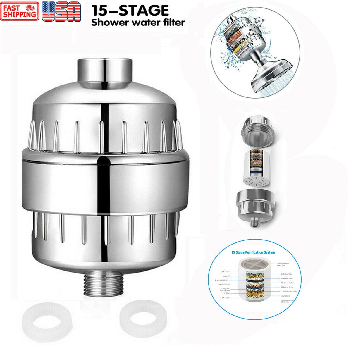 Shower Head Filter Cartridge Kit 15 Stages Chlorine Hard Water Softener
