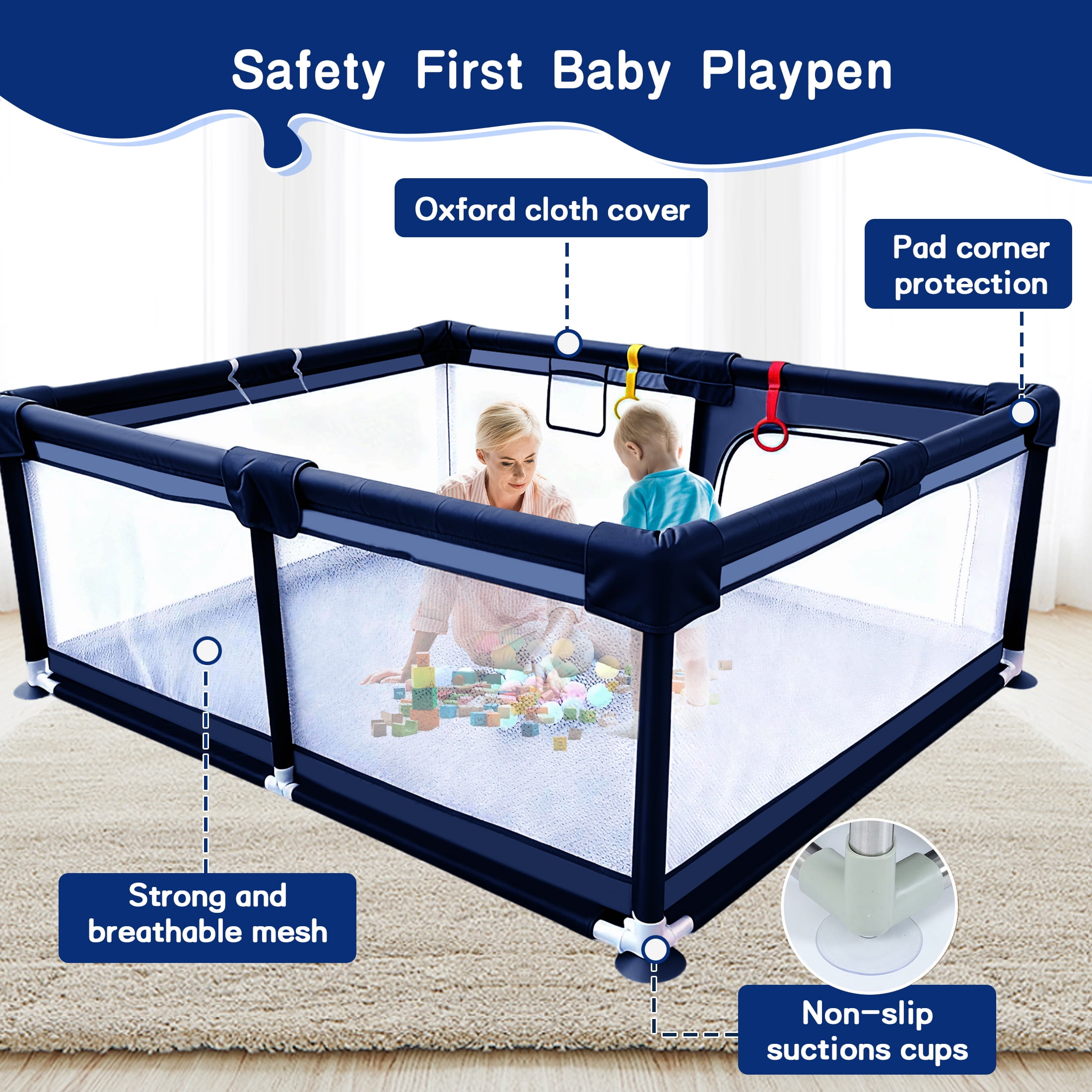 HioHa Large Baby Playpen with Mat | Premium Spacious Play Yard (71“), Sturdy Steel Frame & See-Through Mesh for Safety | Easy Fold, Portable for Indoor Outdoor Use
