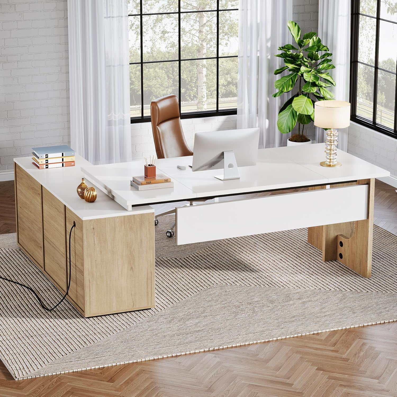 Tribesigns 74.8" Executive Desk, Large Office Desk with Cabinet, L Shaped Computer Desk with Shelves and CPU Storage, Modern Home Office Desk Business Furniture Workstation Set, White and Wood