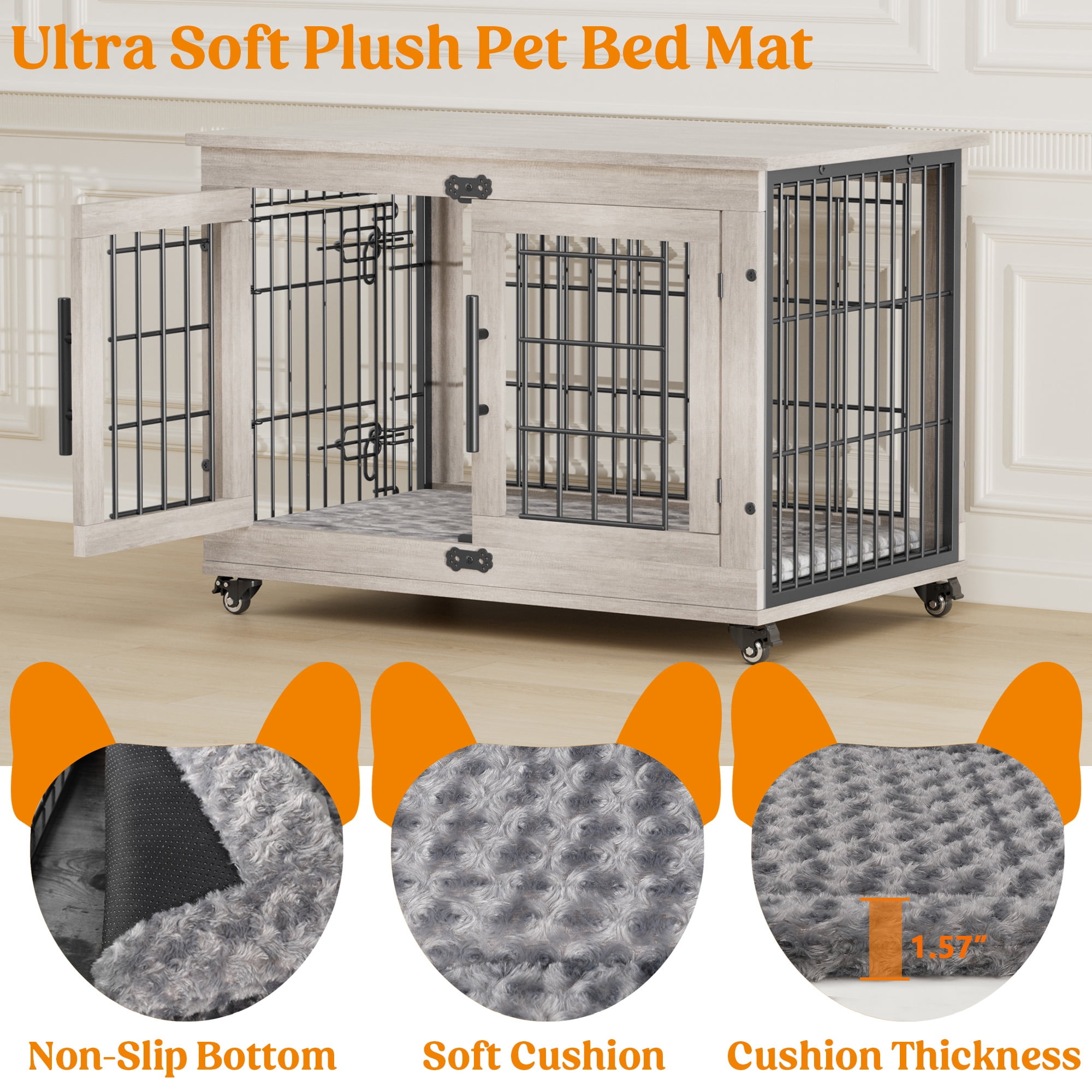 Aufeile Dog Crate Furniture with Wheels, 32 in Wooden End Table Dog Cage with 2 Doors and Removable Cushion, Indoor Pet Kennel for Medium Breeds, Gray