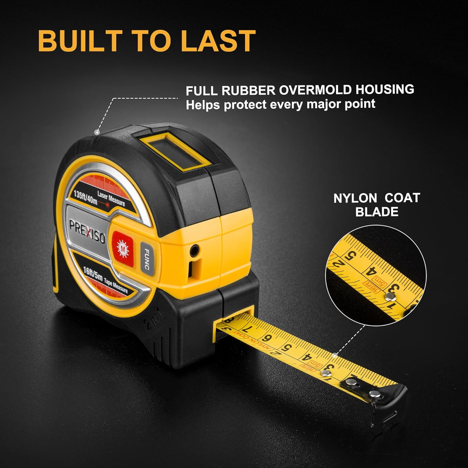 PREXISO 2-in-1 Laser Tape Measure, 135 ft Laser Measurement Tool & 16 ft Measuring Tape with Auto Lock & Movable Magnetic Hook - Pythagorean, Area, Volume-NOT Digital