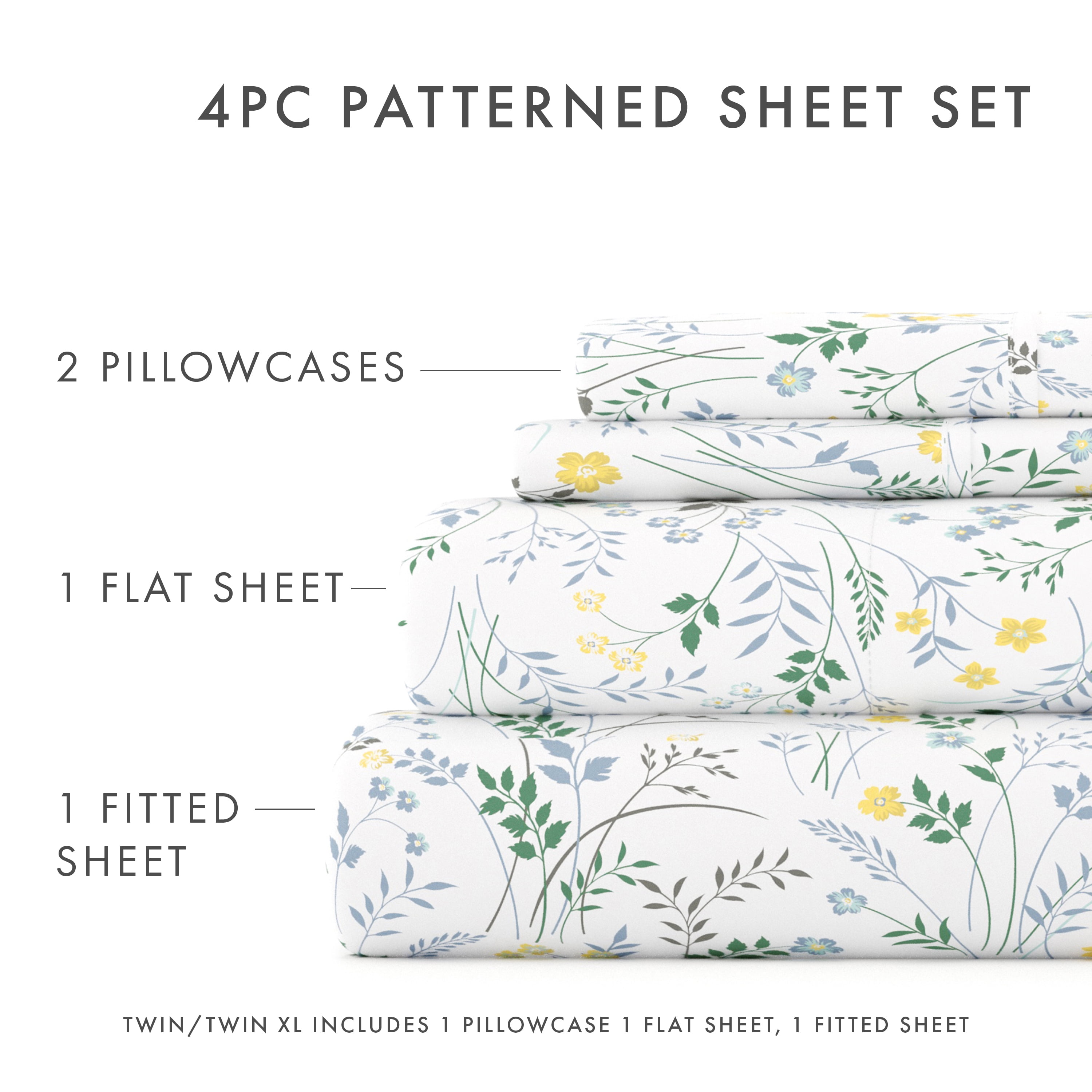 Noble Linens 4 Piece Pattern Microfiber Bed Sheets Set, Light Blue Wildflower, California King