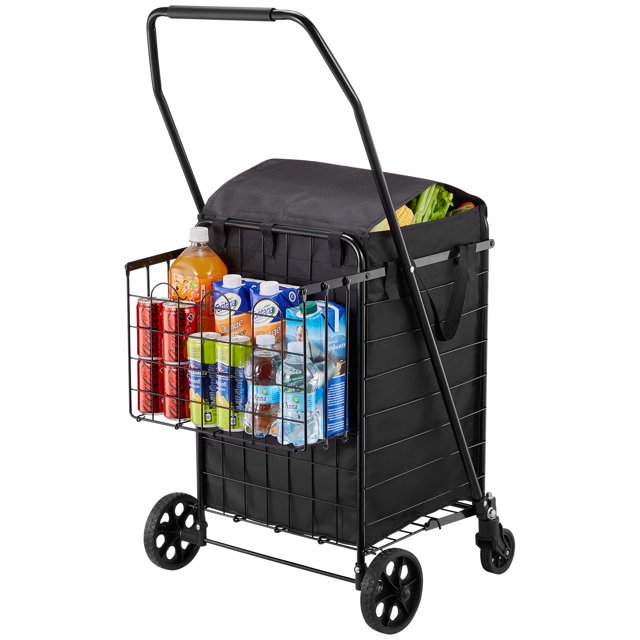 VEVOR Shopping Cart, Folding Grocery Utility Cart with Dual Baskets, Waterproof Liner & Wheels, 100 LBS Large Load Capacity, Heavy Duty Laundry Basket for Laundry, Shopping, Camping, Grocery, Luggage