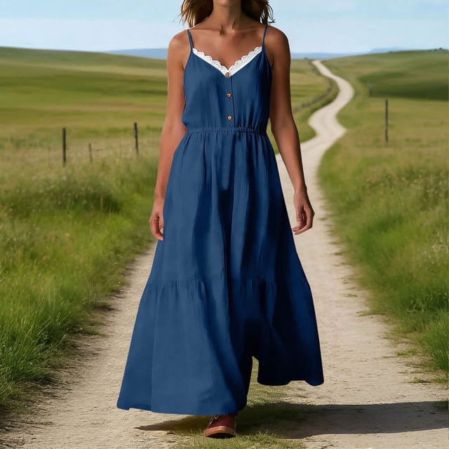 HongQid Robe Maxi Fluide à Étages pour Femmes Sans Manches Robes d'Été en Lin Bretelles Ajustables Longues Robes de Plage Soleil