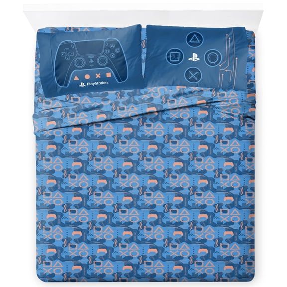 Jay Franco Kids Sheet Cartoon Set with Fitted, Flat Sheets & Pillow Cover - Ultra-Soft Bedding with Pillowcase for Room Decor, Blue - PlayStation, 4 Piece Queen