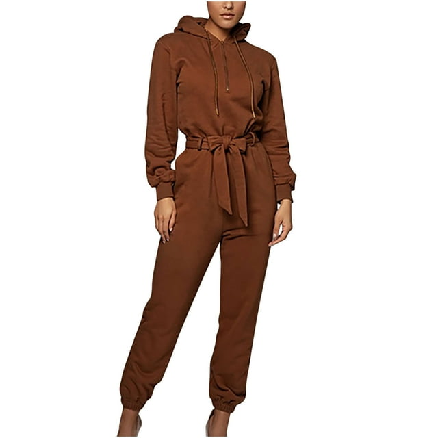Hauts à Manches Longues pour Femmes Printemps Automne Col en V Manches Longues Couleur Unie Fermeture Éclair à Capuche Combinaison Décontractée