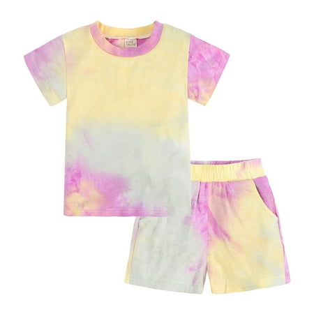

Wiueurtly Kids Toddler Boy Girls Clothes Sports Casual Tie Dye Prints Short Sleeves T Shirt Elastic Waist Shorts Set Outfit Sunflower Baby Bring Home Outfit