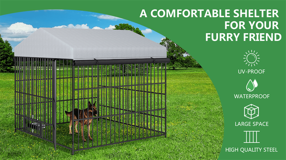 MIDOQIN Outdoor Dog Kennel with Roof Cover, Lockable Feeding Door, 2 Stainless Steel Bowls, Heavy-Duty Pet Enclosure Fence with Canopy, 6.6'L x 6.6'W x 6.4'H