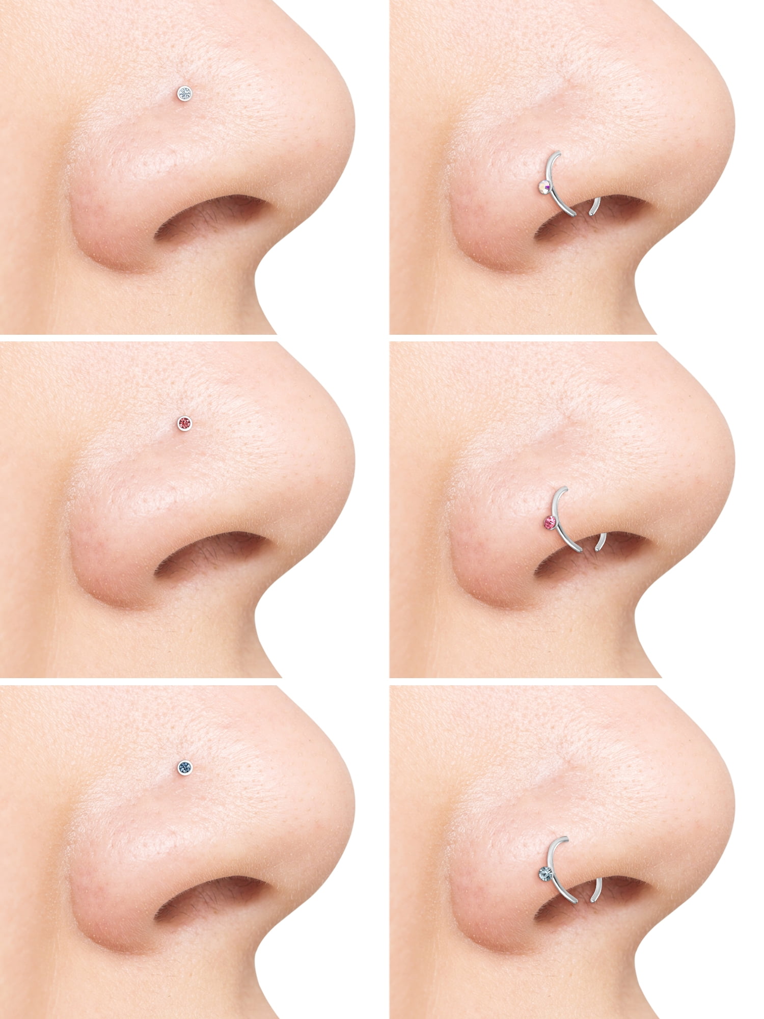 Body Jewelry Women's 16G Surgical Steel Crystal Nose Studs and Hoops, 6 Pack in Mixed Colors
