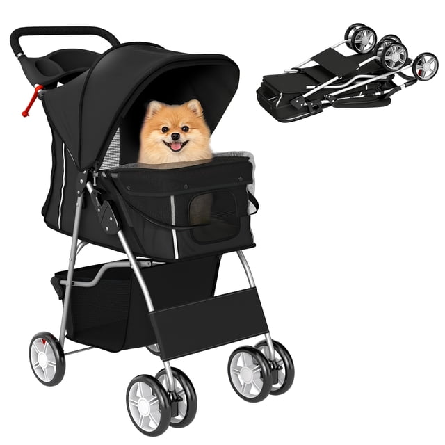 Poussette pour Animaux Chat Chien Roues Voyage Fermeture Éclair Entrée Chariot Pliable Noir