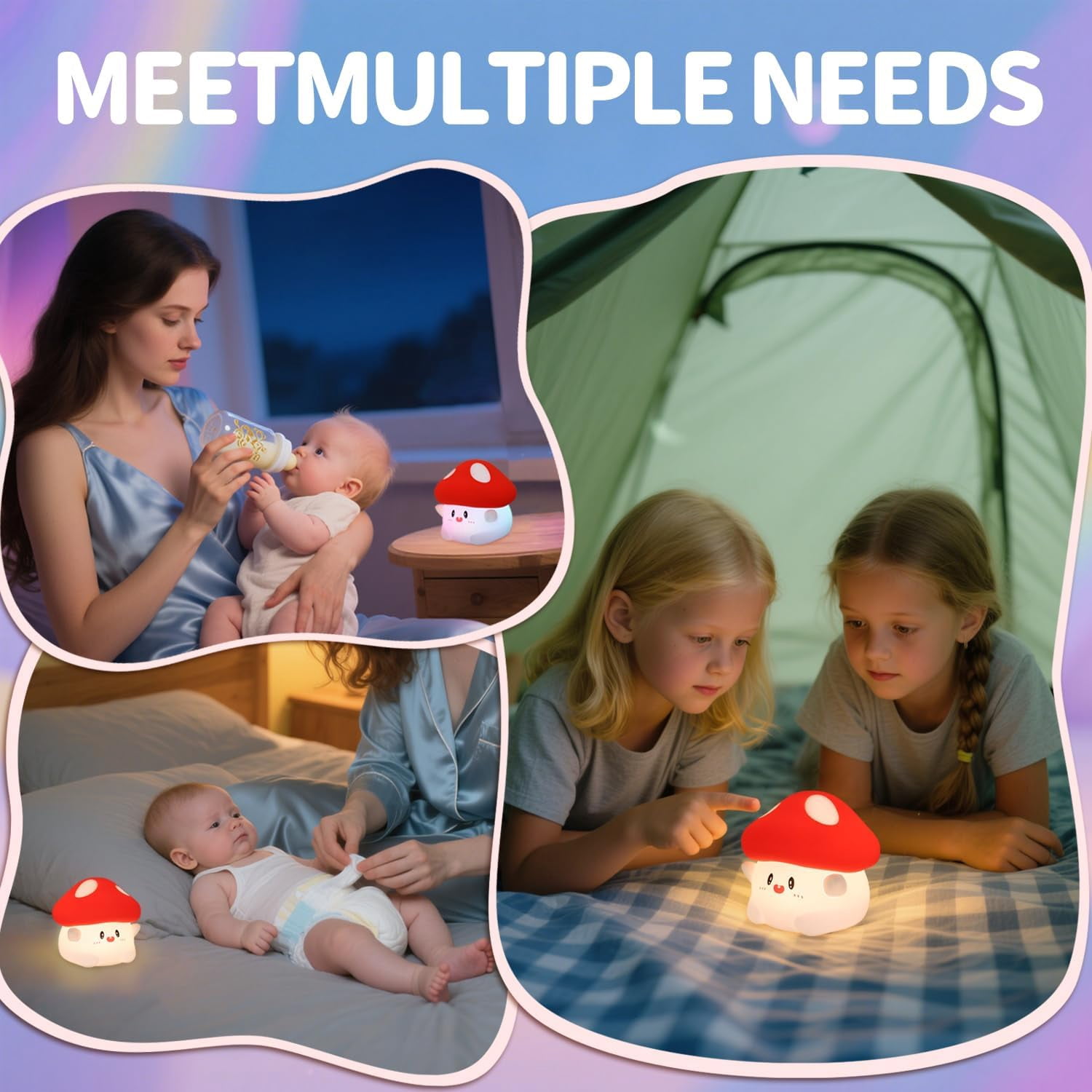Mushroom Night Light, Color Changing & 50-Hour Battery, Squishy Lamp with Pat Control for Kids Room Decor, USB Rechargeable, Easter Gifts