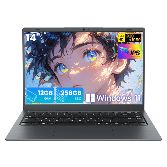RNRUO 14" Laptop Computer, 12GB RAM 256GB SSD, Intel 6500Y with 2 Cores, FHD Display, Windows 11 Home, WiFi5 BT5.0, Type-C PD, Thin & Portable Laptop for Business, Study, Office