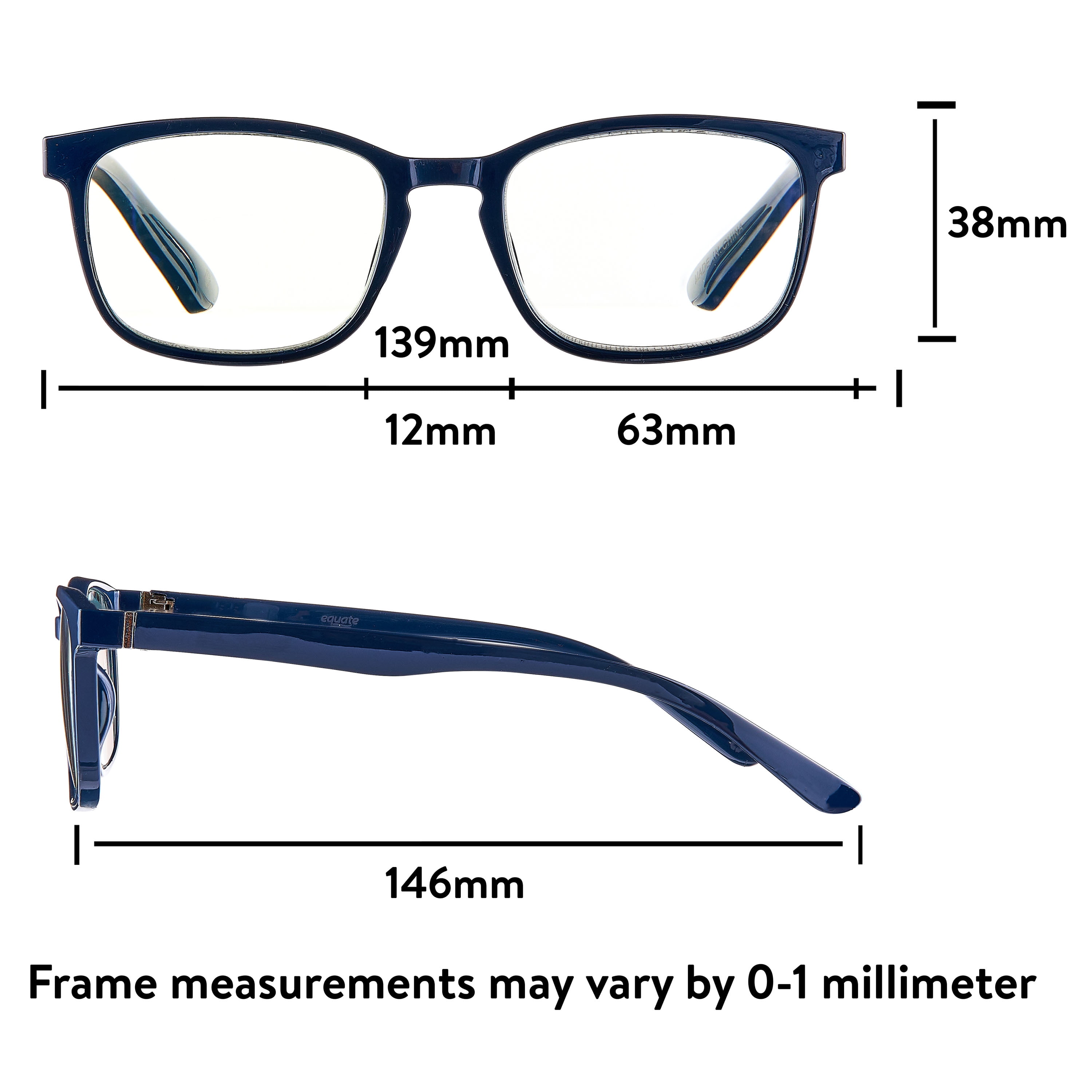 Equate Unisex Pike Bluelight Rectangular Reading Glasses with Case, Dark Grey Blue, +2.50