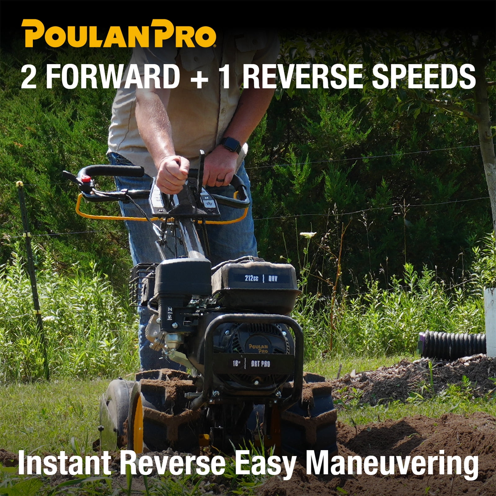 Poulan Pro Dual Direction Rear Tine Tiller, 212cc Powerful Gas Engine, Full Gear Transmission, Dual Rotating, Airless Tires,  Instant Reverse 18 Inch Gas Gardon Tiller,  Model: PPDRT18 PRO