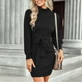 thumbnail image 2 of Black, Size: M Women's One Piece Dress, High Round Neck, Long Sleeve, Pure Color, Includes Belt, Perfect for Autumn and Winter, Color, 2 of 6