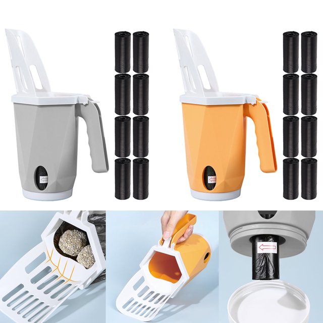 Pala para arena para gatos Evjurcn con soporte para bolsa, pala para arena para gatos profunda, desmontable e integrada con tamizado de excrementos, pala portátil para arena para gatos