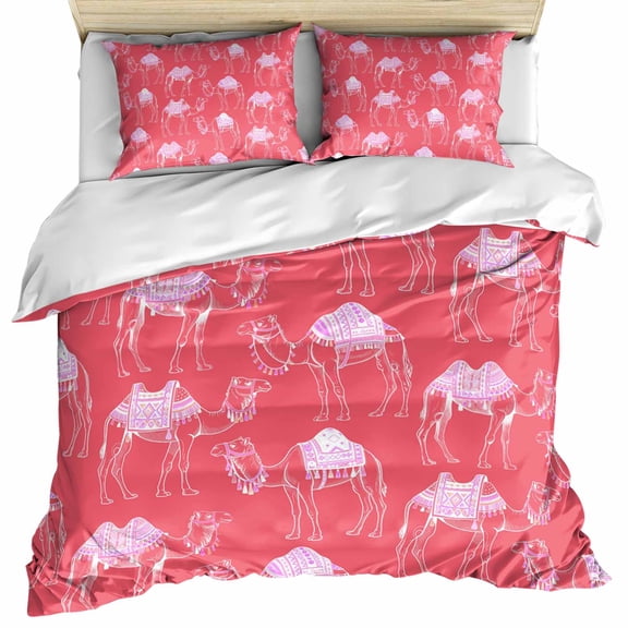 Desert Camel Bedding 3 Piece Duvet Cover Set Full Size, Summer Sand Camel Animal Vintage Pink Soft Microfiber Comforter Cover with Zipper Closure & Pillowcases, Wrinkle & FadeResistant Quilt Cover