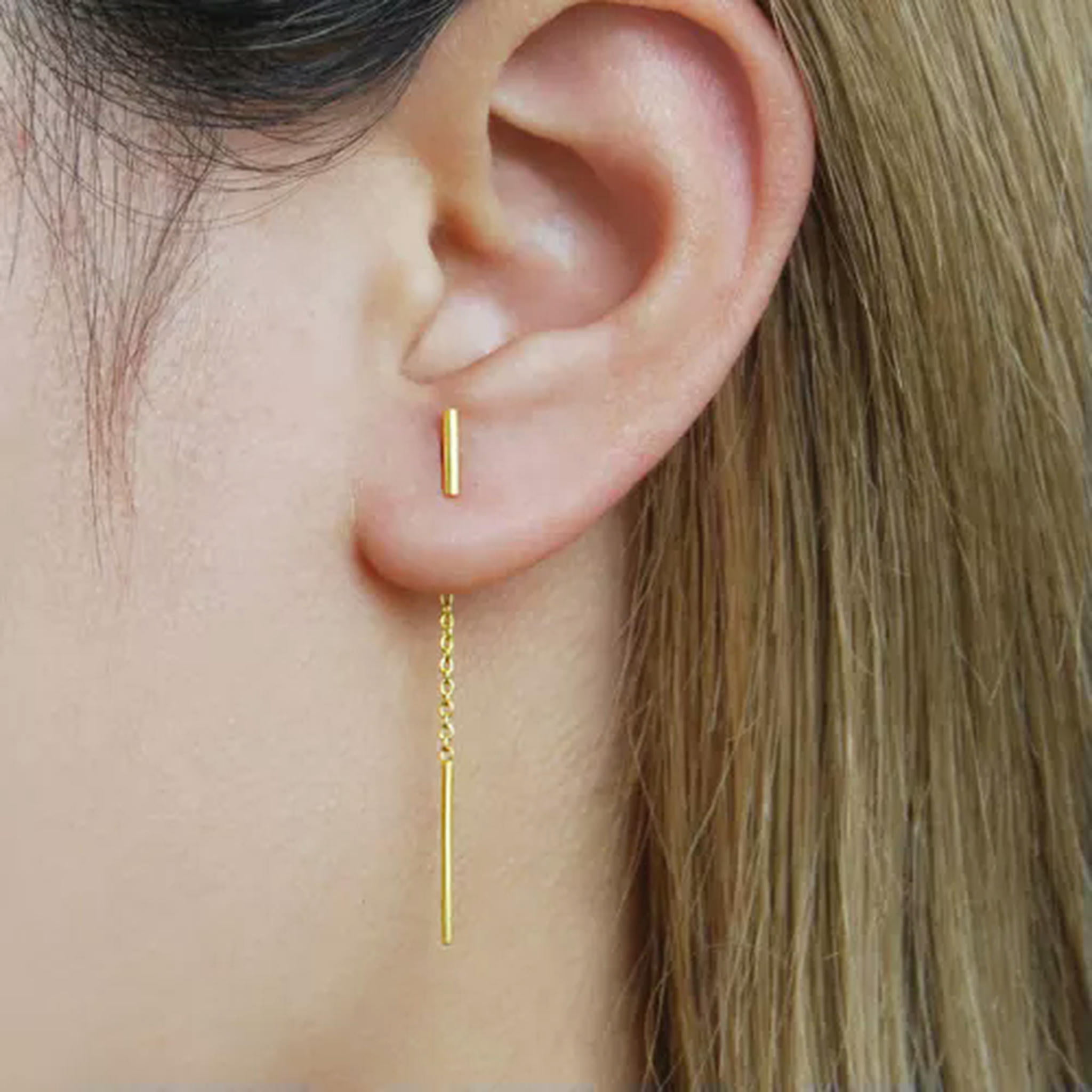 QQTDFG 925 Sterling Silver Simple Small Bar Threader Line Thread Earrings Women A1632-Gold