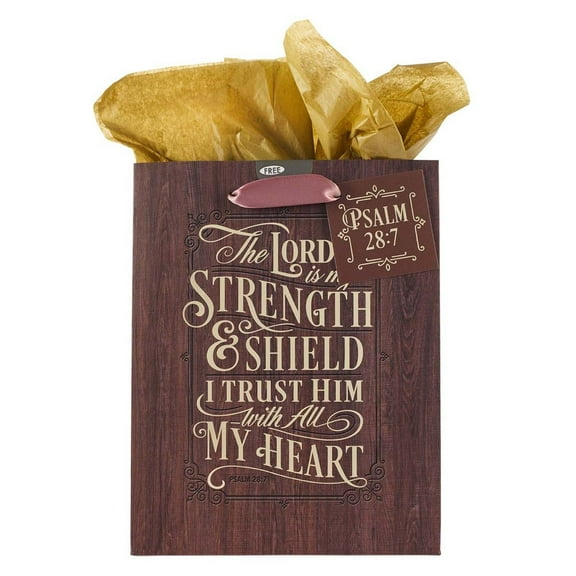 Gold/Wood Gift Bag & Tissue Paper Set The Lord is My Strength Psalm 28:7, Medium