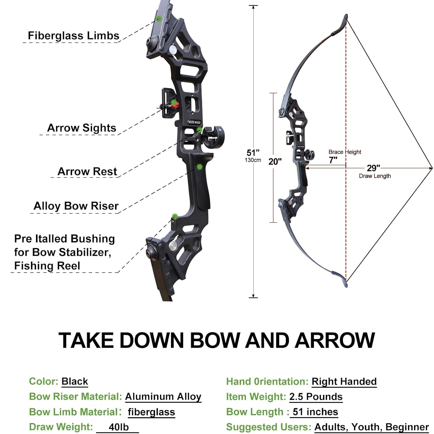 Piaoyu 40LB Archery Recurve Bow and Arrow for Adult, 51" Training Bow for Hunting Adult Beginner with 6 Arrows and Shooting Accessories