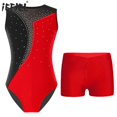 thumbnail image 2 of Niños Niñas brillantes diamantes de imitación Ballet Biketard traje de baile gimnasia Ballet Jersey camiseta sin mangas leotardo mono con pantalones cortos conjunto, 2 of 5