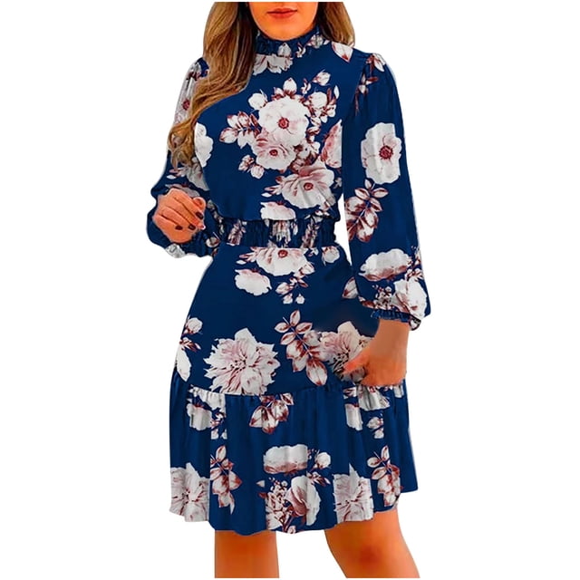 Vestidos de verano para mujer Manga larga Estampado floral Casual Manga corta Vestido hasta la rodilla Pompotops ghjkhdj11684