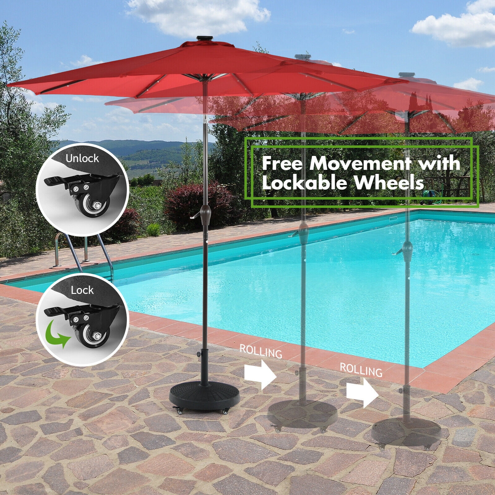 Patiojoy 50lbs Round Resin Umbrella Base Rattan Designed Outdoor Umbrella Stand W/ Lockable Wheels