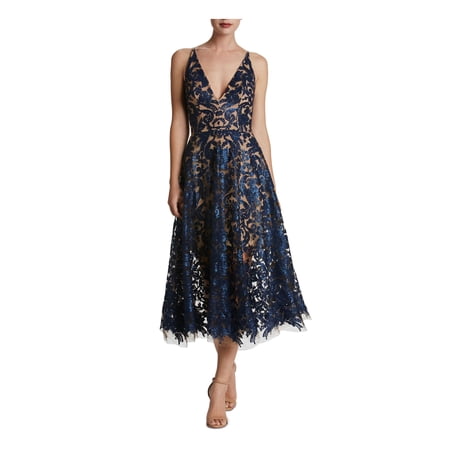 DRESS THE POPULATION Womens Navy Zippered Sheer Lined Sleeveless V Neck Midi Evening Fit + Flare Dress XL
