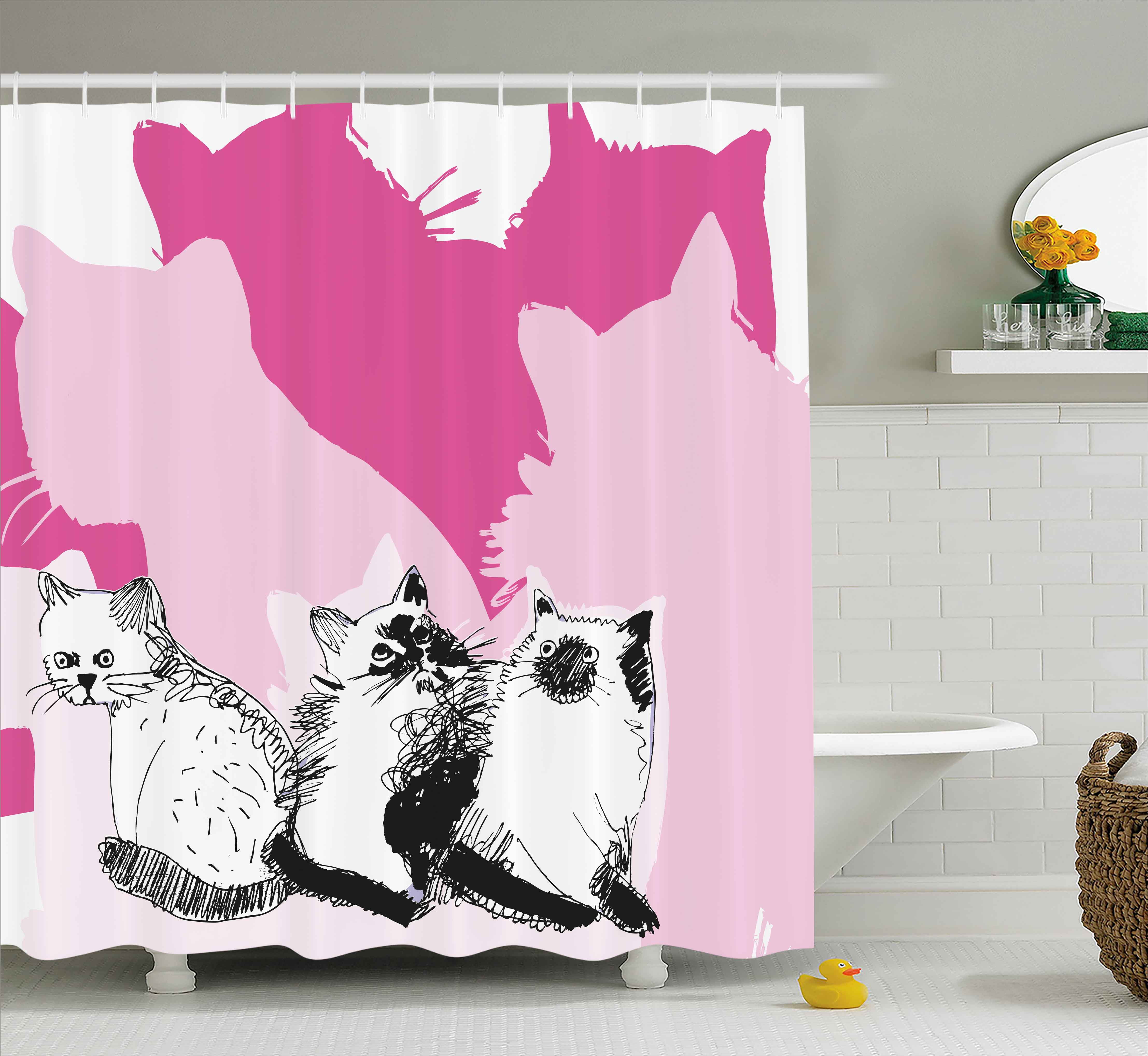 Animal Shower Curtain, Baby Cute Cats Kittens with Shadow Sketchy Image