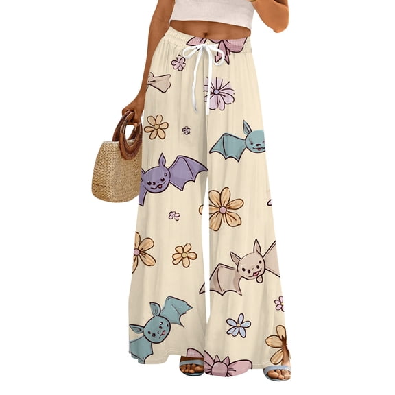 WTOBBY Women's Casual Halloween Print Elastic Waist Drawstring Pockets Wide Leg Straight Trousers, Seasonal Novelty Comfort Pants,Beige L