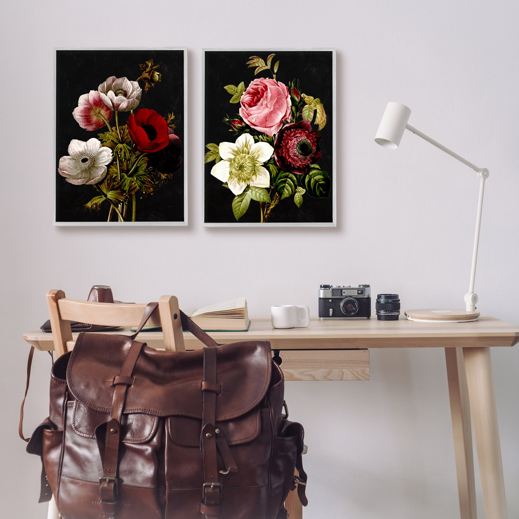 Stupell Industries Vintage Blooms on Black Botanical & Floral Painting Gray Framed Art Print Wall Art, 16 x 20, Set of 2