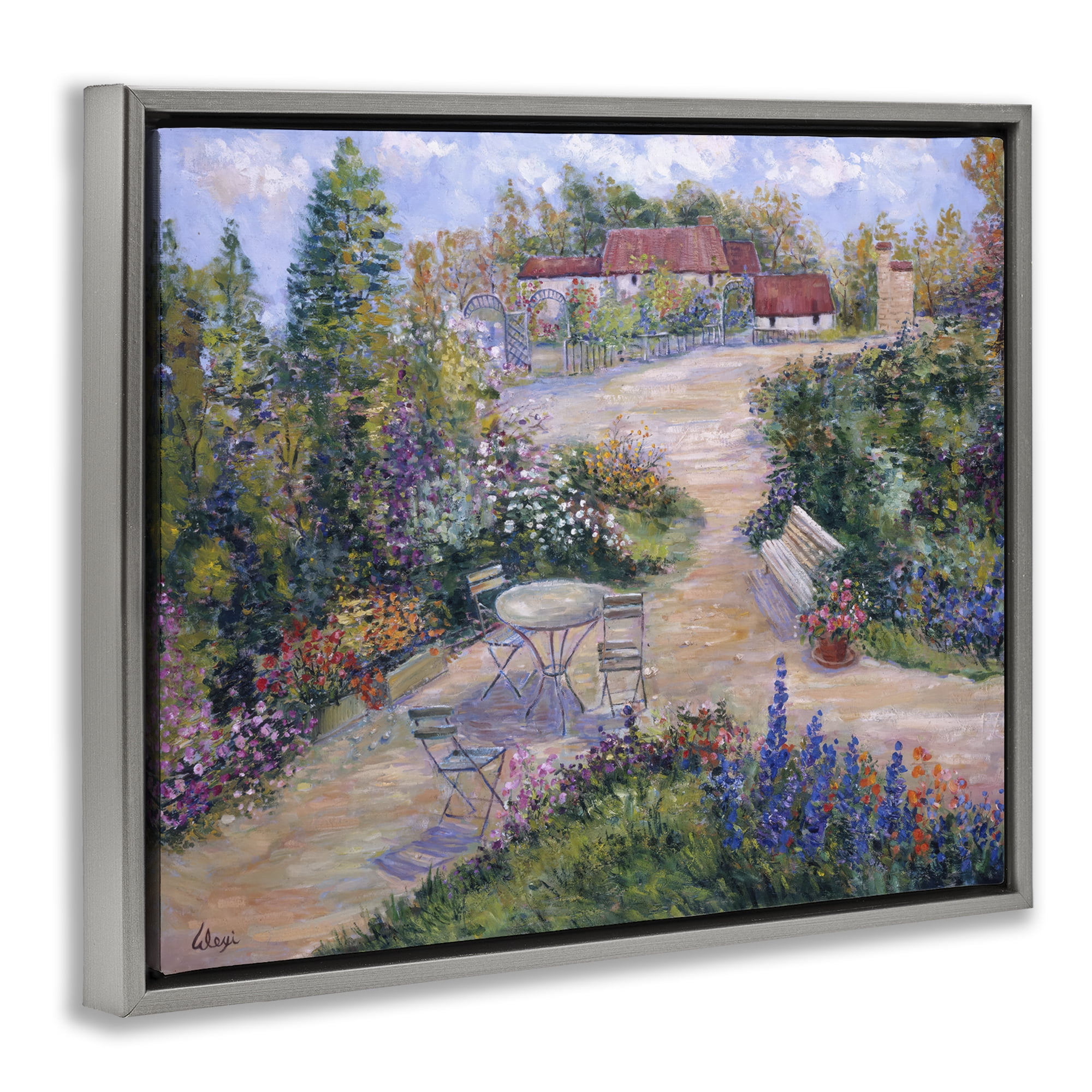 Stupell Industries Spring Garden Benches Landscape & Nature Painting Gray Floater Framed Canvas Art Print Wall Art, 31 x 25